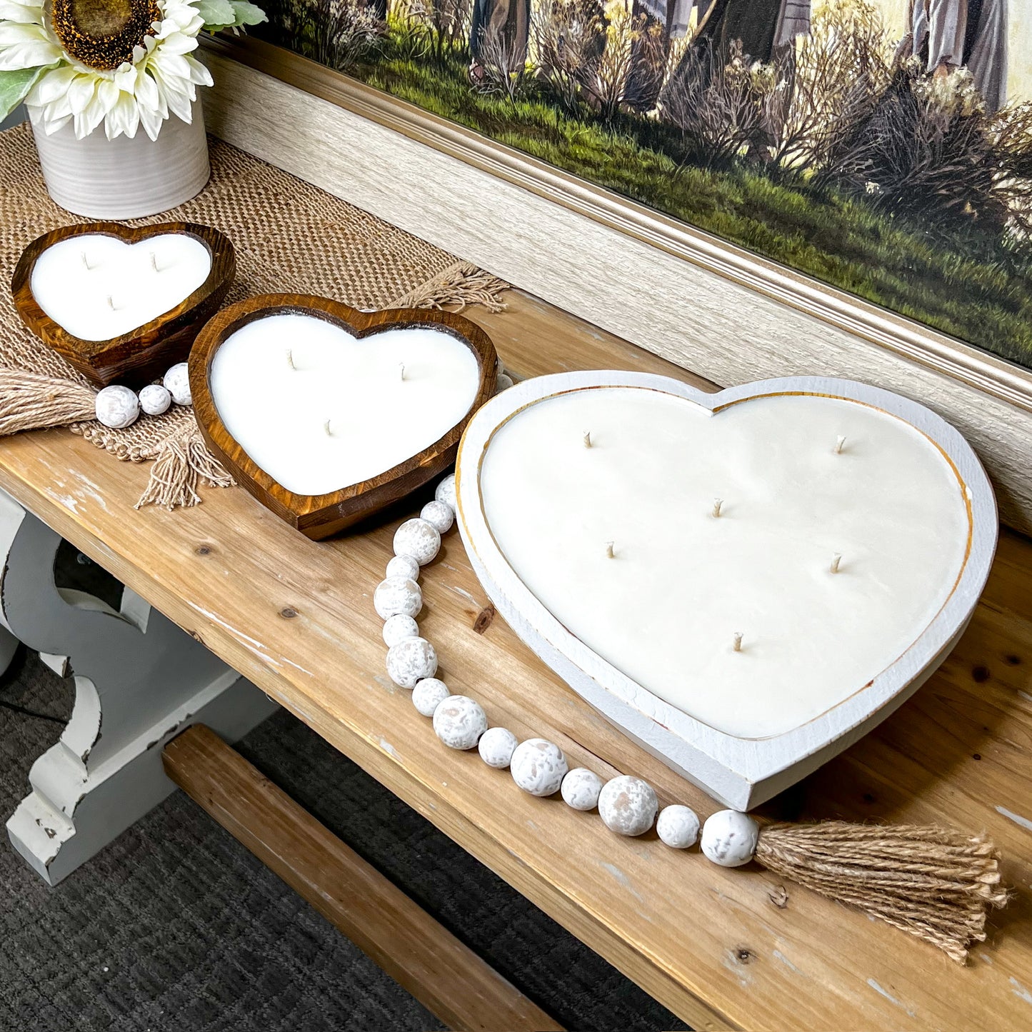 Medium 8" Heart Farmhouse Candle Ready Rustic Wood Dough Bowl