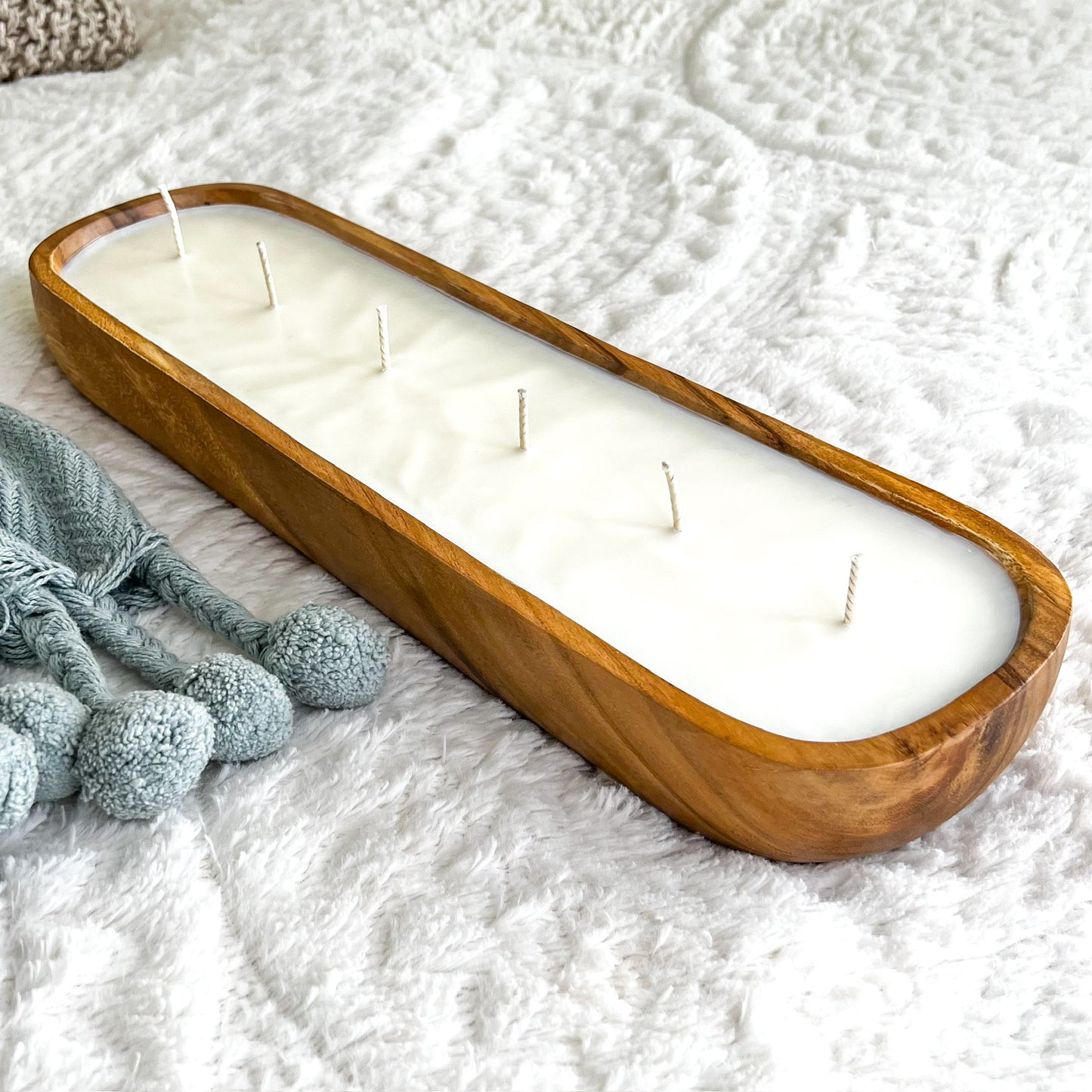 Large Oval BOHO Bowl - (Volume 2.5lbs) Deep Candle Ready 6X19X2.5, 6 Wick Wood Bowl