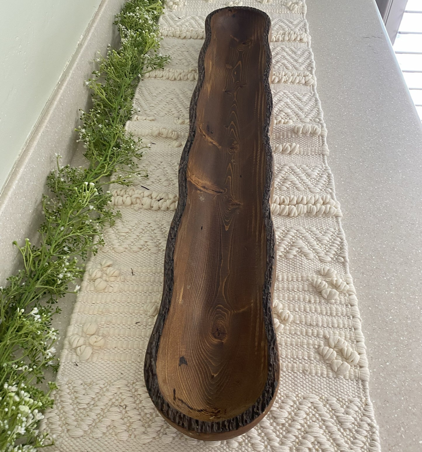 Rustic handcrafted wood dough bowl centerpiece with natural live-edge texture, perfect for candles, décor, or farmhouse styling.