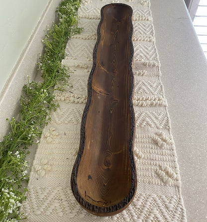 Rustic handcrafted wood dough bowl centerpiece with natural live-edge texture, perfect for candles, décor, or farmhouse styling.