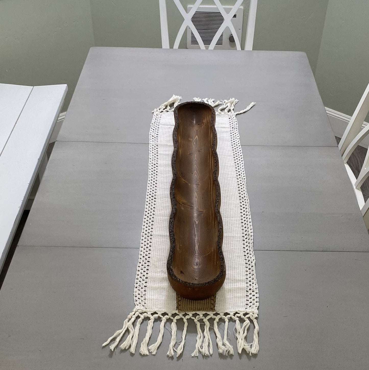Rustic handcrafted wood dough bowl centerpiece with natural live-edge texture, perfect for candles, décor, or farmhouse styling.