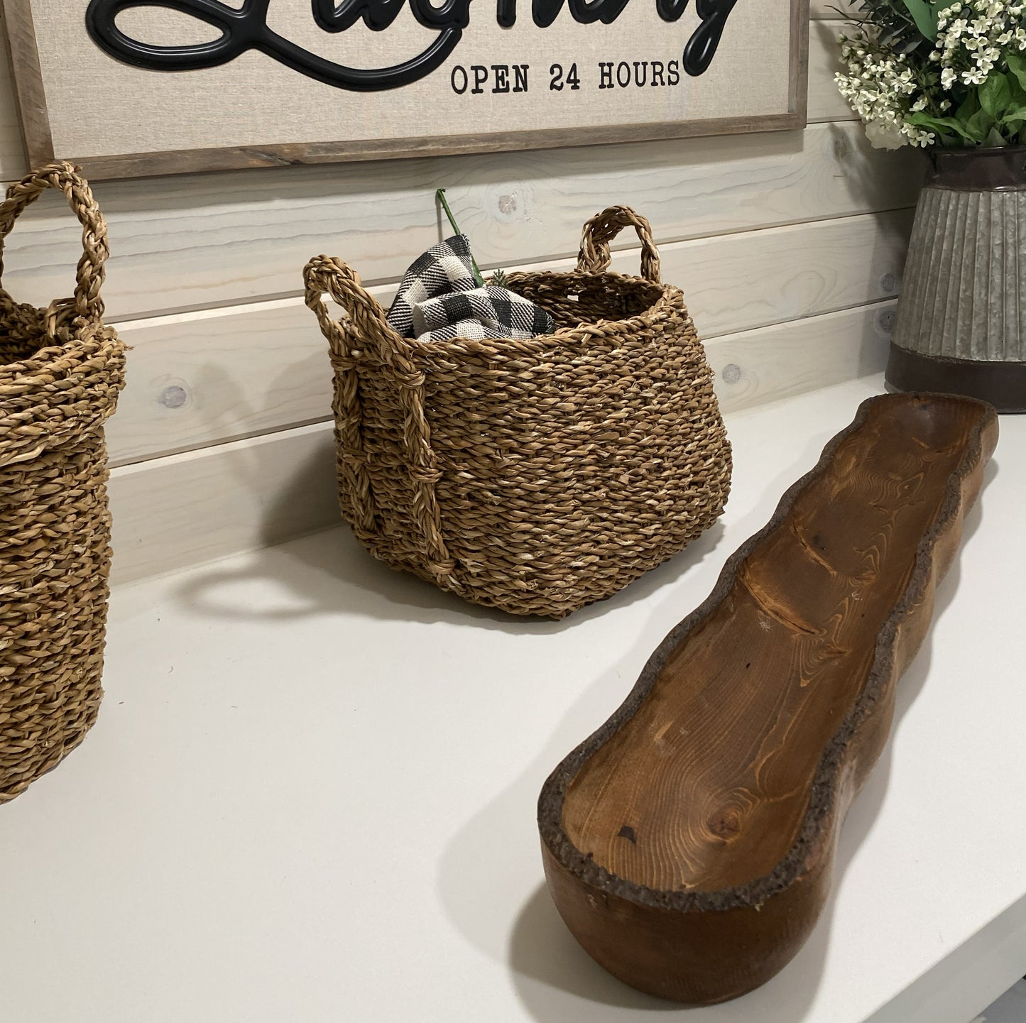 Rustic handcrafted wood dough bowl centerpiece with natural live-edge texture, perfect for candles, décor, or farmhouse styling.