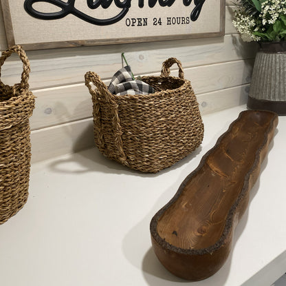 Rustic handcrafted wood dough bowl centerpiece with natural live-edge texture, perfect for candles, décor, or farmhouse styling.