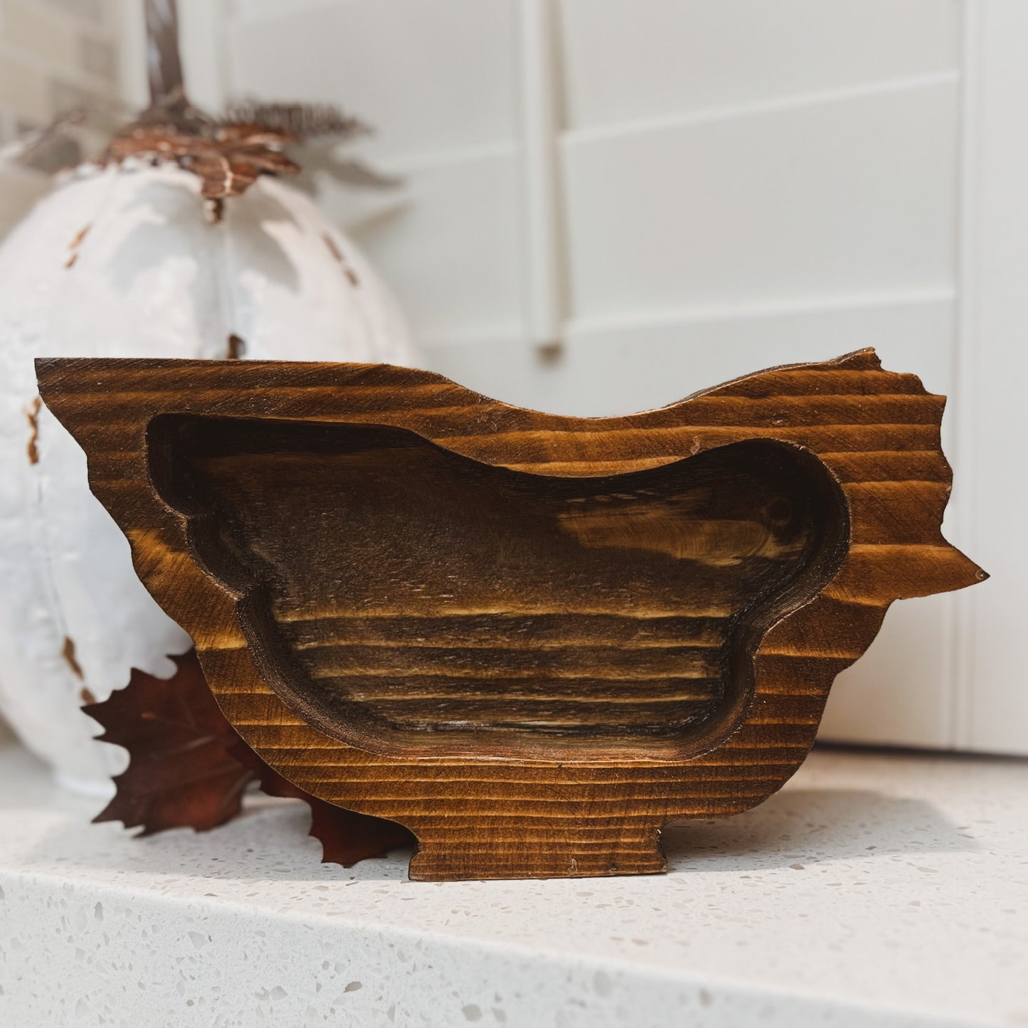 Chicken Farmhouse Candle Ready Wood Bowl 10"X5.75"X2.5"