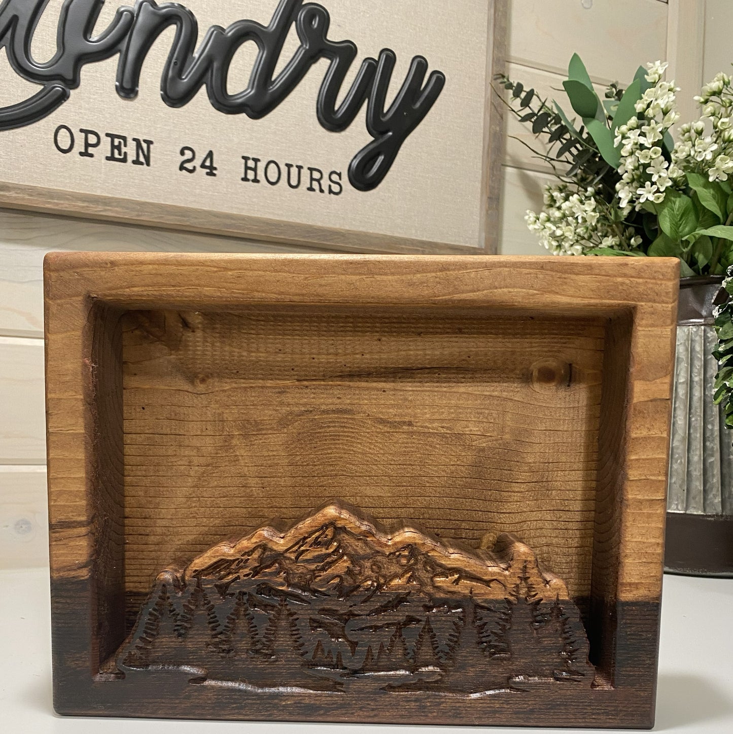 Hand-Carved Wooden Mountain Bowl: Rustic Farmhouse Candle Vessel (12.5" x 9.5" x 2.2")