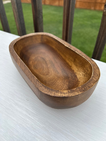 Bulk Pricing | Wholesale Small Oval BOHO Acacia Wood Bowl - Deep Candle Ready 3 Wick Wood Candle Vessel