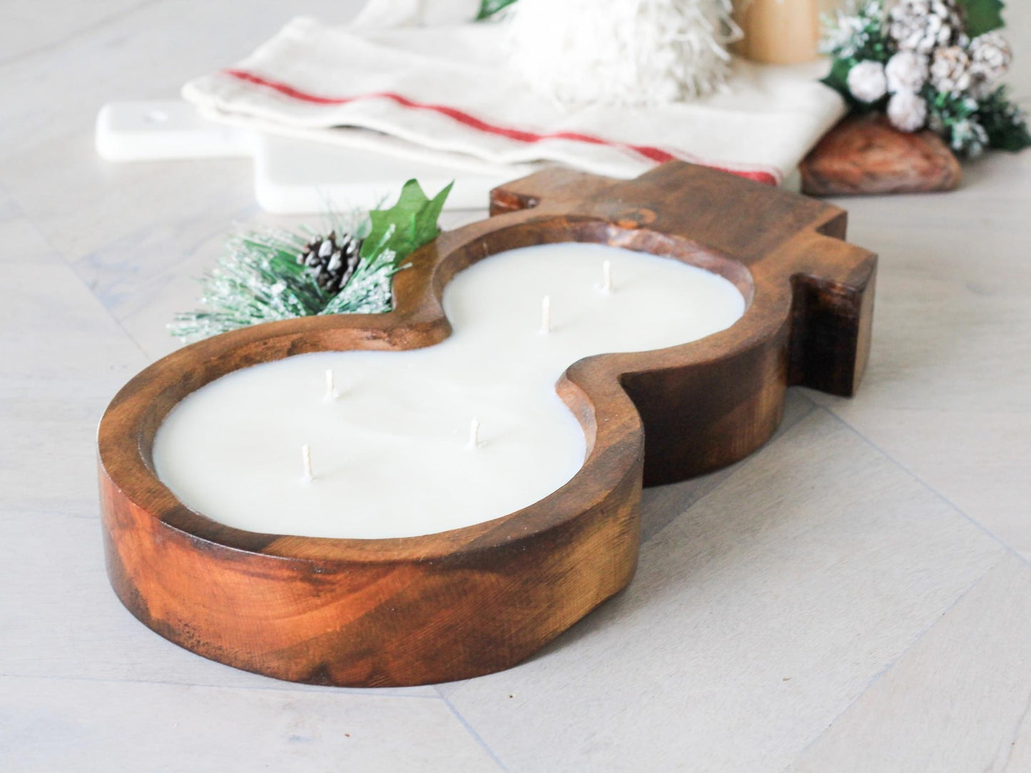 Snowman Wood Bowl - Candle Ready 13" X 5.5" Farmhouse Bowl